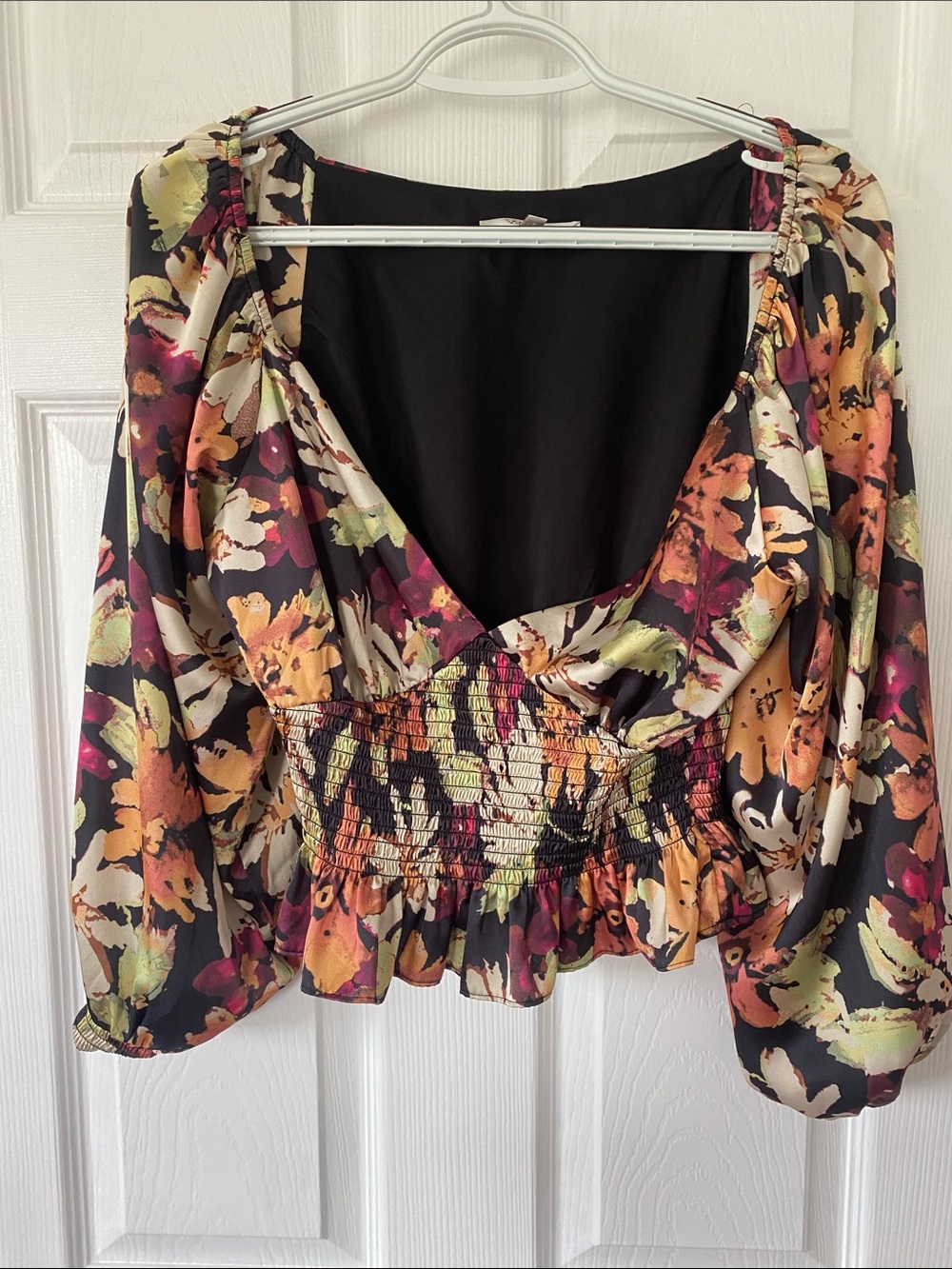 Wayf Black Floral V-Neck Smocked Waist Blouse